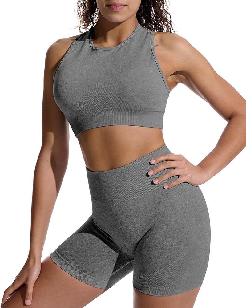 OYS Workout Sets for Women 2 Piece Outfits Seamless High Waisted Yoga Shorts Running Sports Bra C... | Amazon (US)