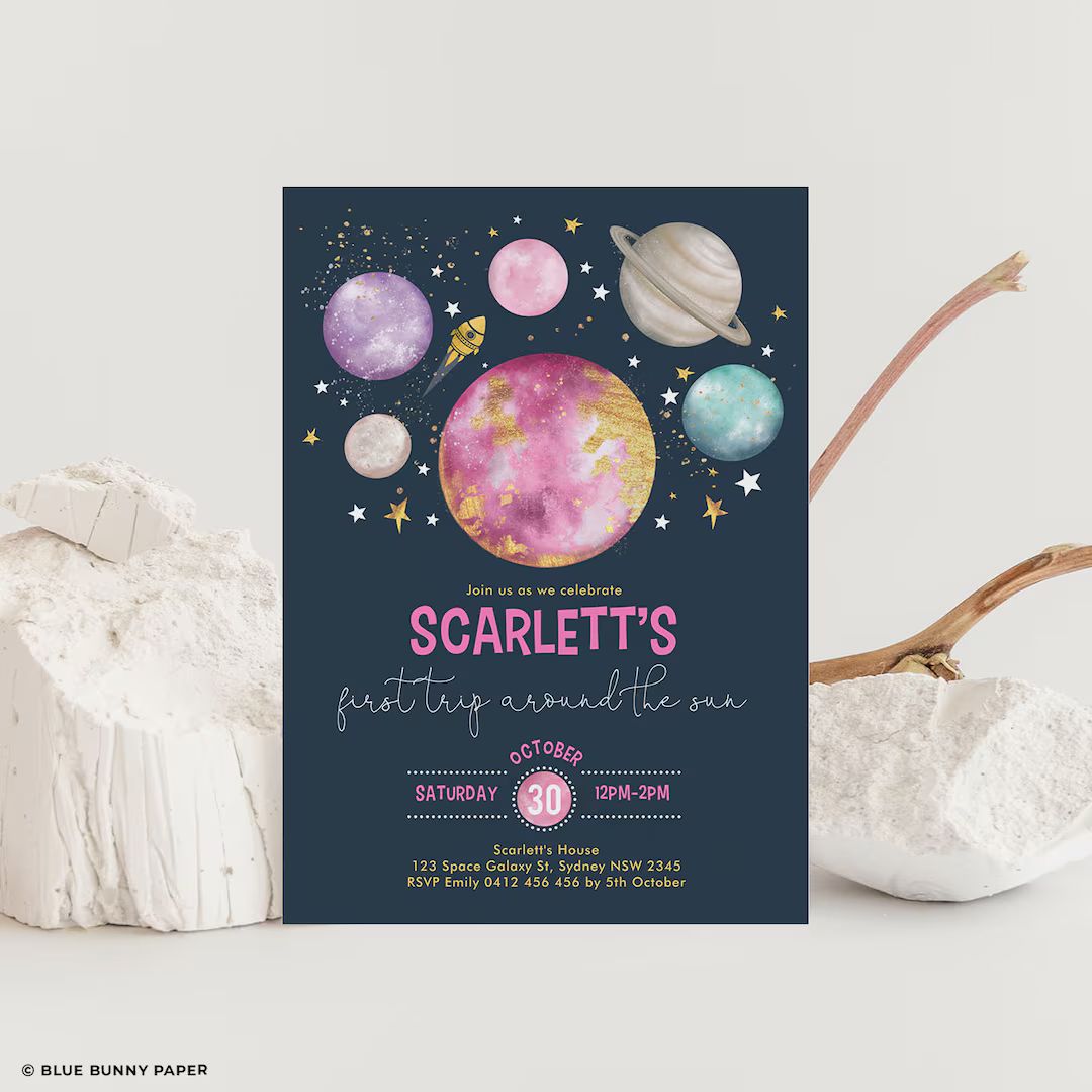 Pink Outer Space Birthday Invitation, Galaxy Girls Party Invite, Twinkle Little Star Solar System... | Etsy (US)