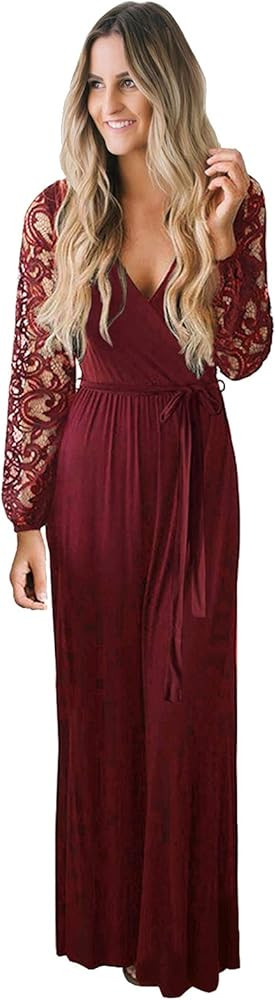 Zattcas Womens Vintage Floral Lace Long Sleeve Wrap V Neck Party Long Maxi Dress | Amazon (US)