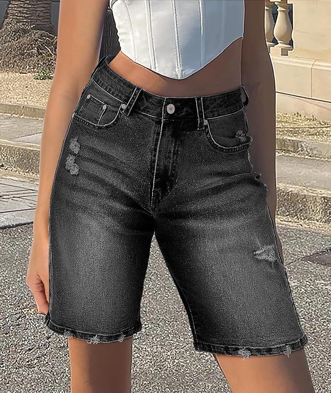 CHICZONE Womens Bermuda Jean Shorts Stretchy Mid Waisted Denim Shorts with Pockets | Amazon (US)