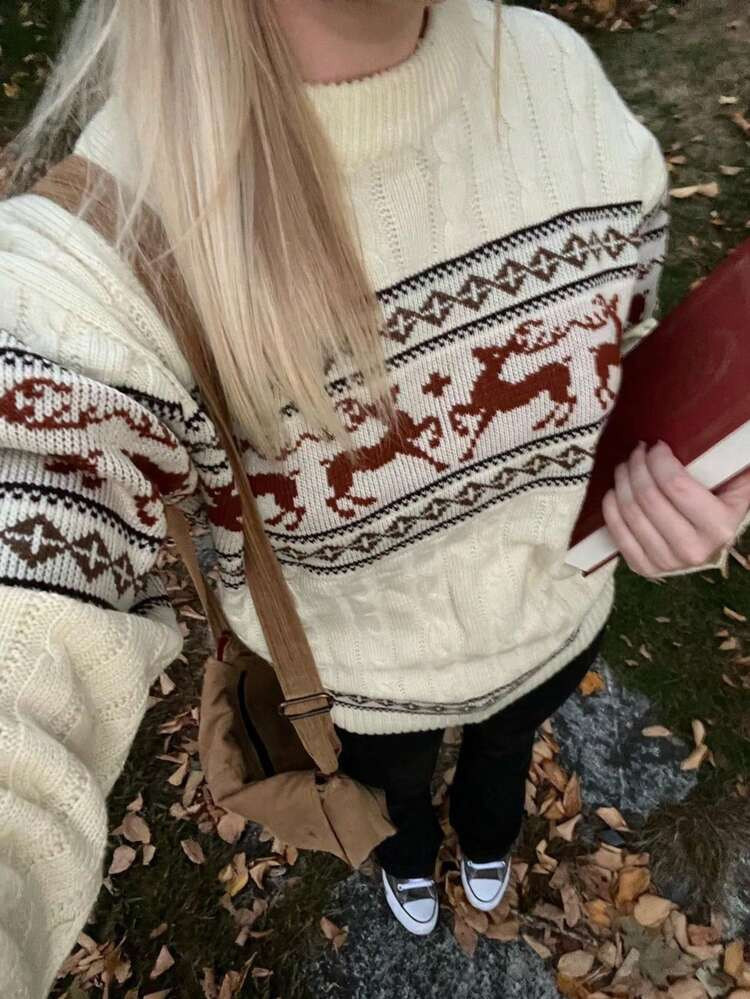 Damen Herbst/Winter Weihnachts-Elch-Druck Kabel-Strickpullover Mit Rundhalsausschnitt, Tiermuster Pullover, Lässig, Süß, Streetwear, Schule, Alltag, Ausgehen, Kleidung Für Frauen | SHEIN