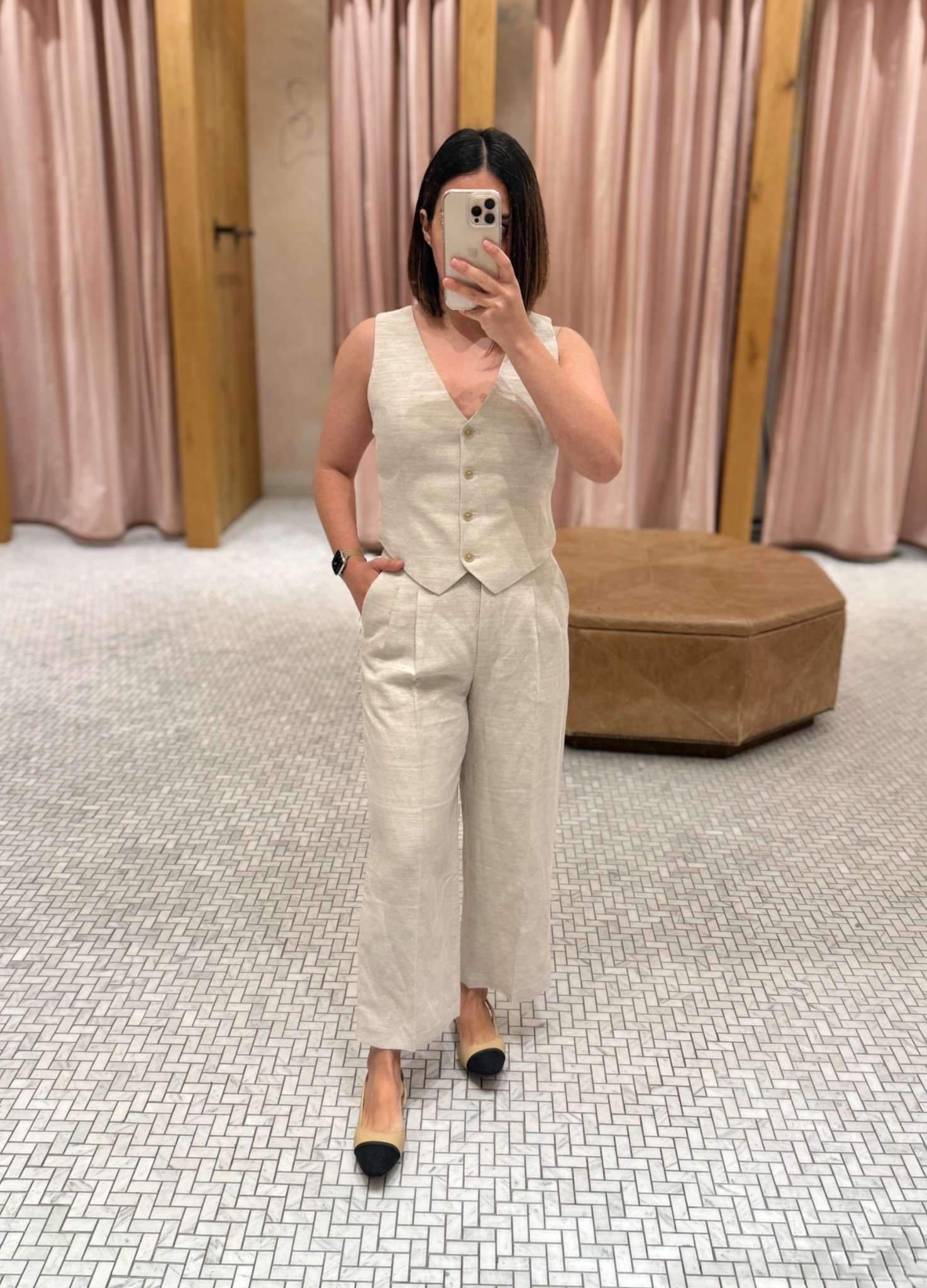 Linen-blend vest is size 8Us (runs super small, I sized up two sizes). Pants are cropped and run small as well. Wearing size 6Us but 8US would have been the perfect size for me. 

Flats are size 6US and are true to size 

For reference:

I am 5’2” (158cms)
129lbs (58kgs)

#LTKPetite #LTKStyleTip #LTKU