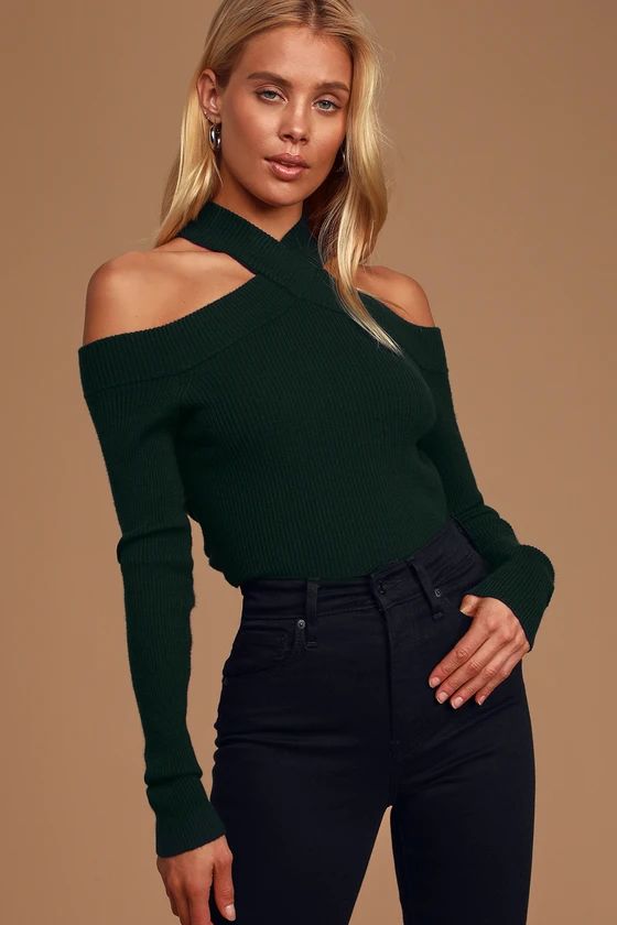 Party Mode Dark Green Ribbed Cold-Shoulder Sweater Top | Lulus (US)