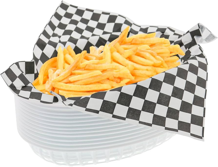 Retro Style Fast Food Basket (12Pk) and Checkered Deli Liner (100 Pk) Combo. Fast Food Basket Are Dishwasher Safe. Disposable Deli Paper Squares for Easy Cleanup (White) | Amazon (US)