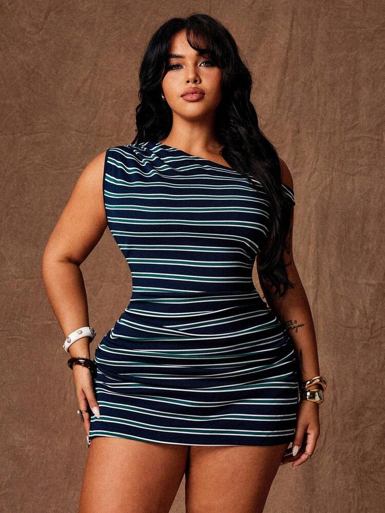 Rustia American Colorblock Striped Asymmetrical Shoulder Sleeveless Bodycon Dress, Sexy & Versati... | SHEIN