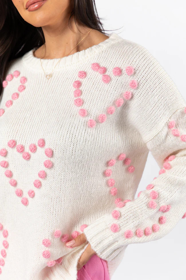 Adore You Ivory and Pink Oversized Heart Pom Sweater FINAL SALE | Pink Lily