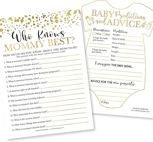 Gold Baby Shower Games Gender Neutral - 2 Games Double Sided, 25 Who Knows Mommy Best Baby Shower... | Amazon (US)