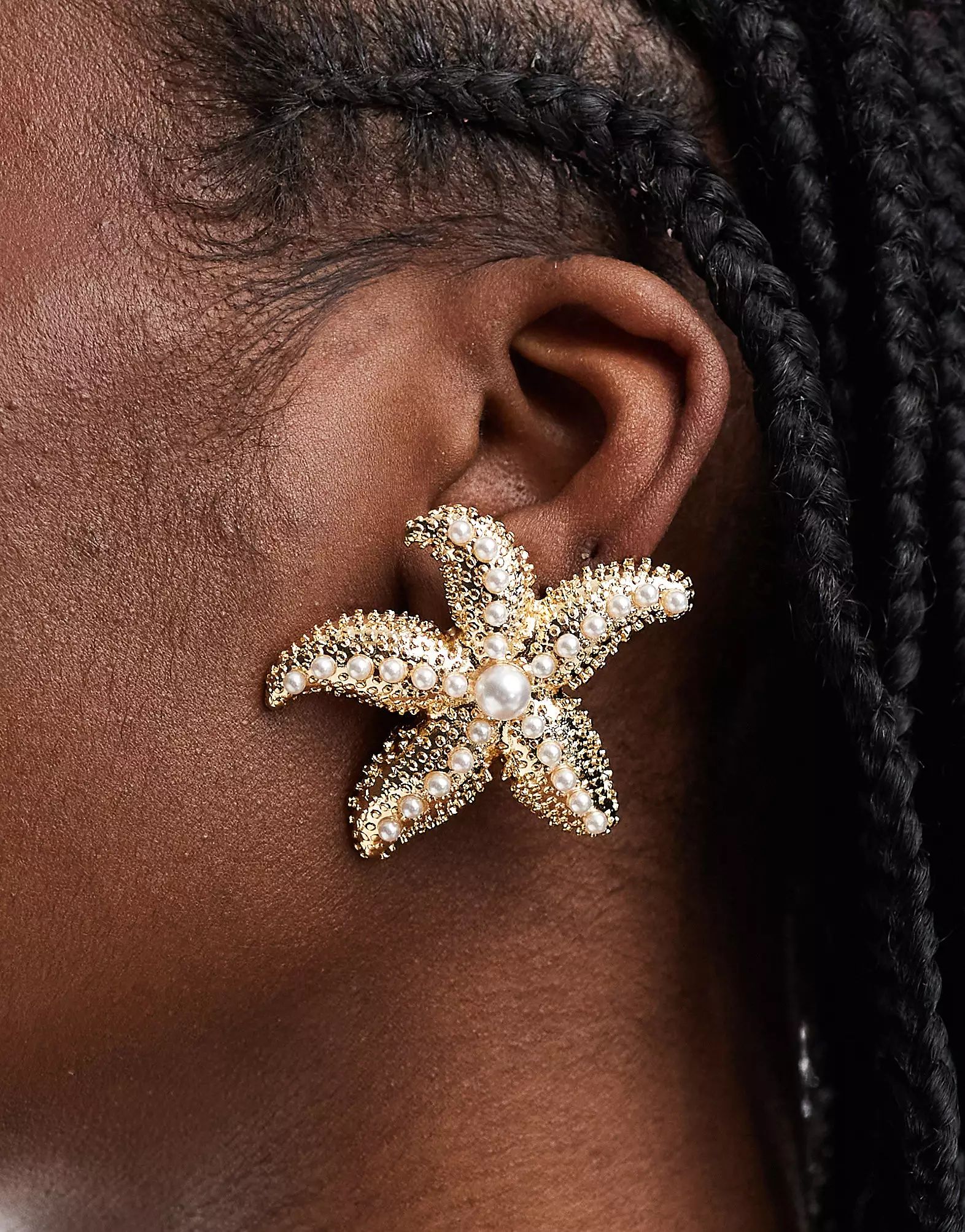 ASOS DESIGN stud earrings with starfish faux pearl design in gold tone | ASOS (Global)