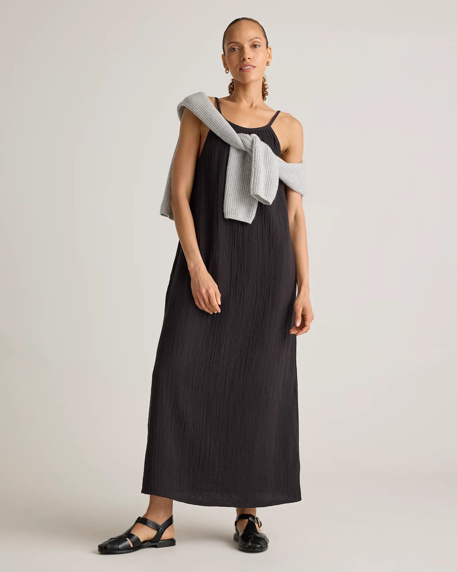 100% Organic Cotton Gauze Sleeveless Maxi Dress in Black | Quince