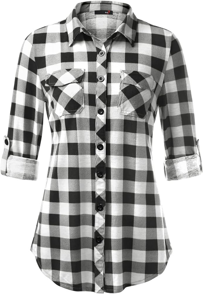 DJT Womens Soft Stretchy Knit Plaid Shirts Roll Up Long Sleeve Collared Button Down Blouses Tops | Amazon (US)