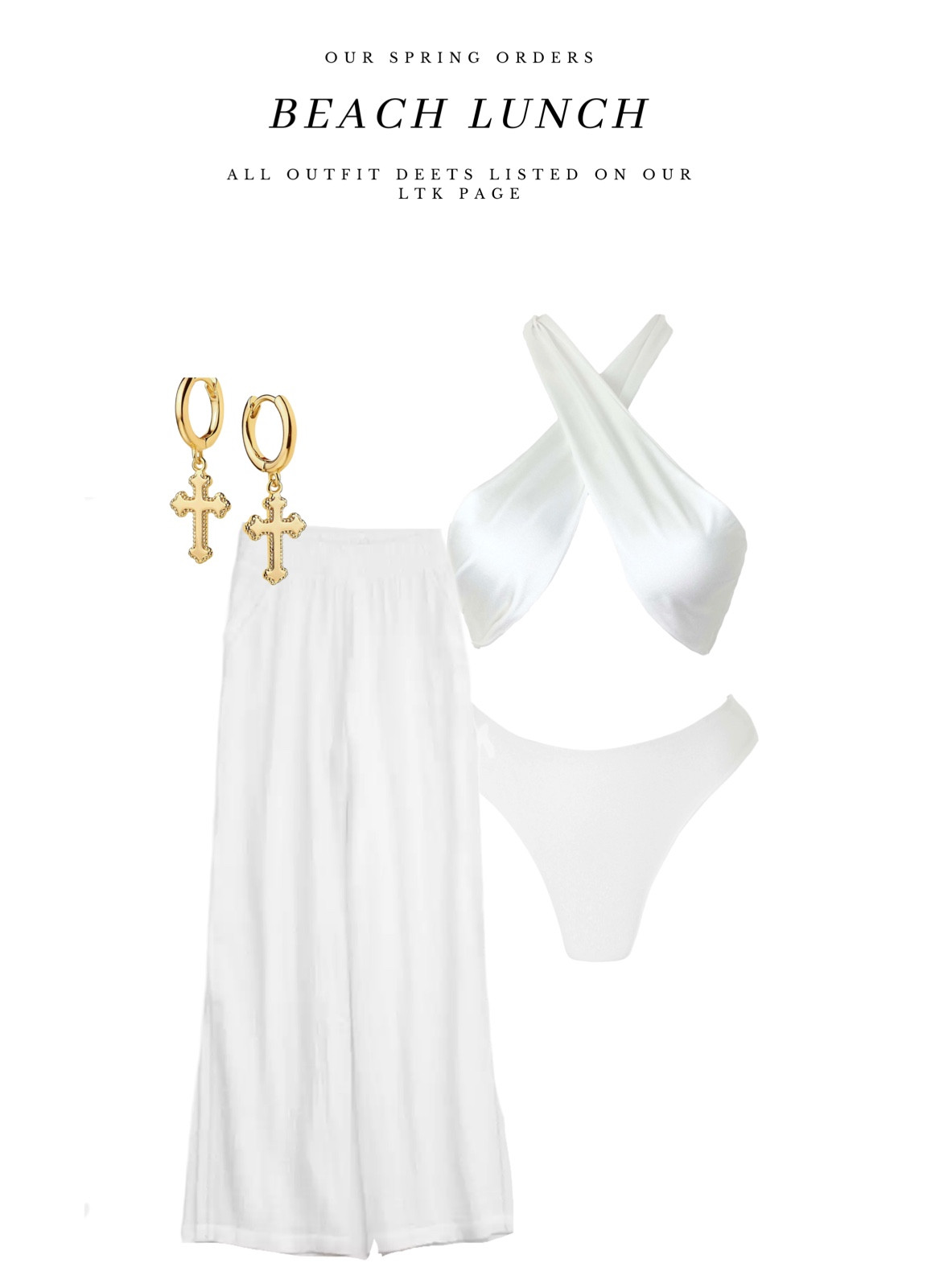 Look 2 | Our recent vacation order 

• Amazon cross earrings 
• Lali & Layla Jameson Top + Madison Bottom in “Marshmallow Fluff”
• Aerie high waisted Pool-to-Party pant

#LTKswim #LTKFind #LTKSeasonal