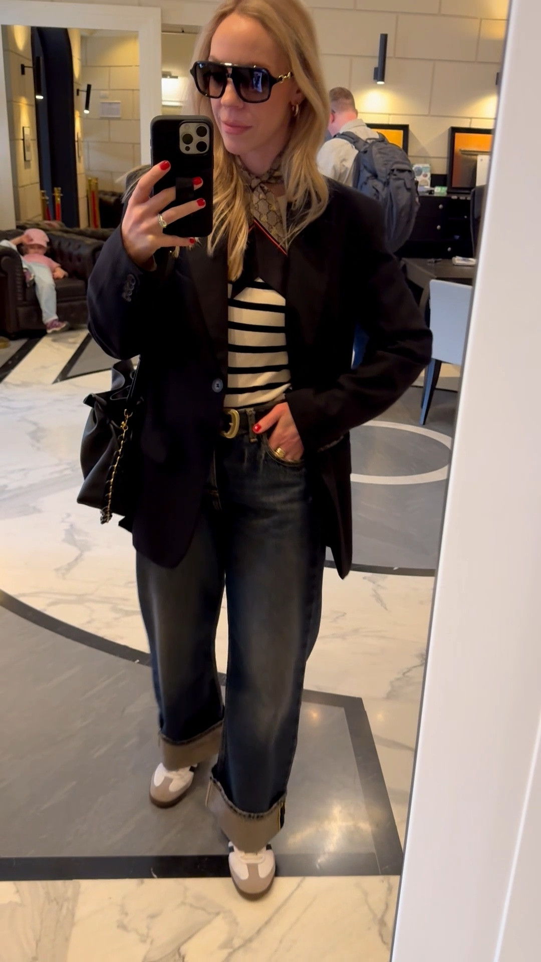 Spring outfit, travel style, black blazer outfit, Gucci silk scarf, @Zara dark wash cuffed jeans, Adidas Samba sneakers, Gucci aviator sunglasses 

#LTKOver40 #LTKTravel #LTKootd