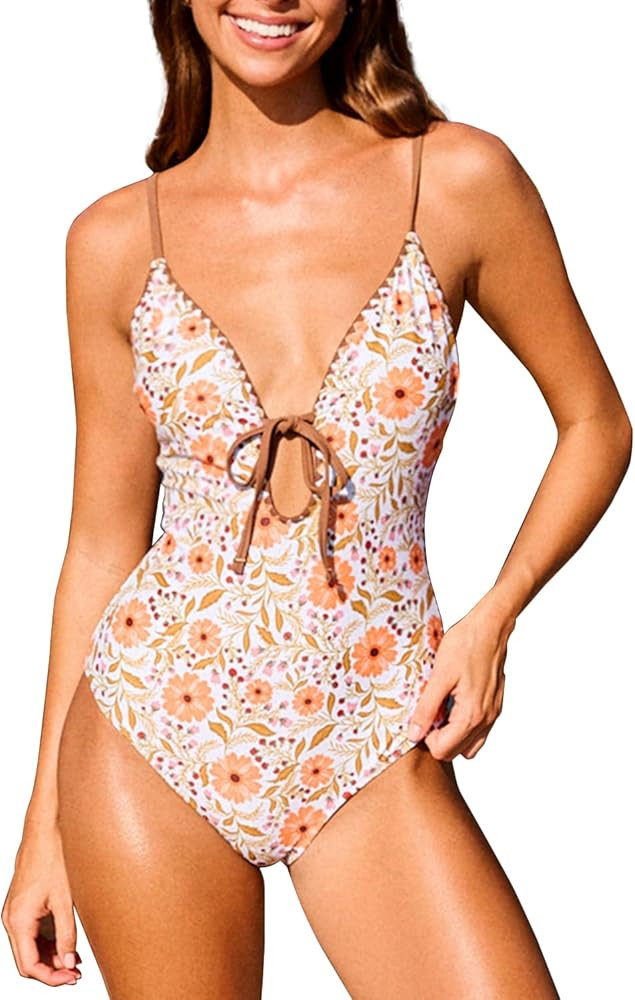 CHYRII Women's Sexy Cutout Scalloped One Piece Swimsuit V Neck Bathing Suit Swimwear | Amazon (US)