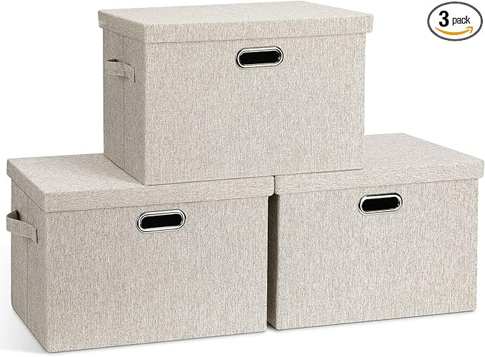 Large 17" 36 Quart Collapsible Stackable Storage Bins with Lids, 3 Packs Beige Linen Fabric Close... | Amazon (US)