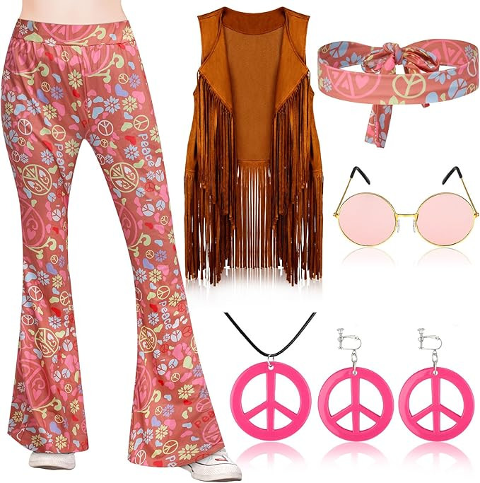 Jenaai 7 Pcs Kids 60s 70s Hippie Outfits for Girls Costume Set Boho Flared Pants Hippie Outfits A... | Amazon (US)