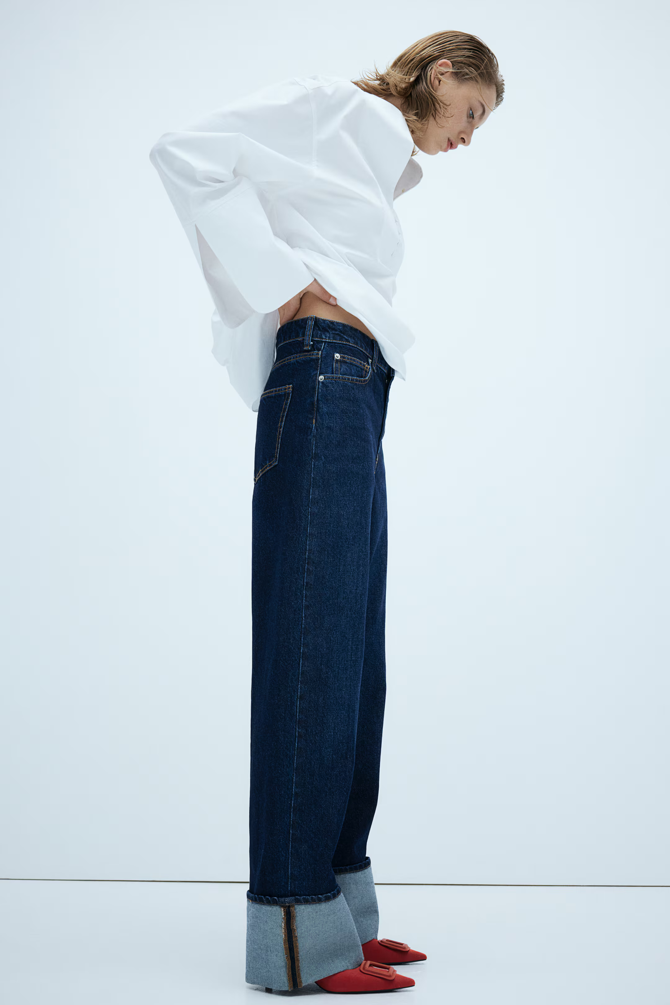 Straight turn-up jeans - Dark denim blue - Ladies | H&M GB | H&M (UK, MY, IN, SG, PH, TW, HK)