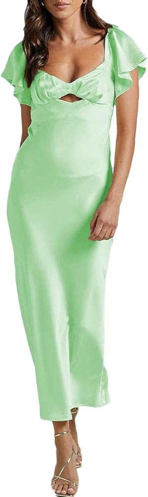 Summer Satin Flutter Sleeve Wedding Guest Dresses for Women Sweetheart Neckline Cutout Tie Back M... | Amazon (US)