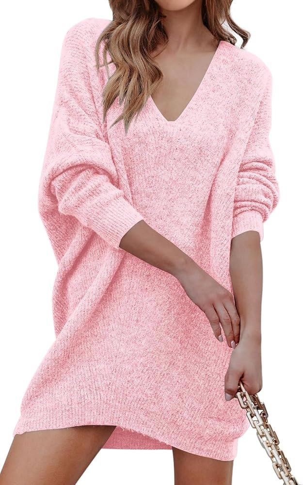 PRETTYGARDEN Women's Pullover Sweater Dress Casual Long Sleeve Ribbed Knit V Neck Loose Oversized... | Amazon (US)