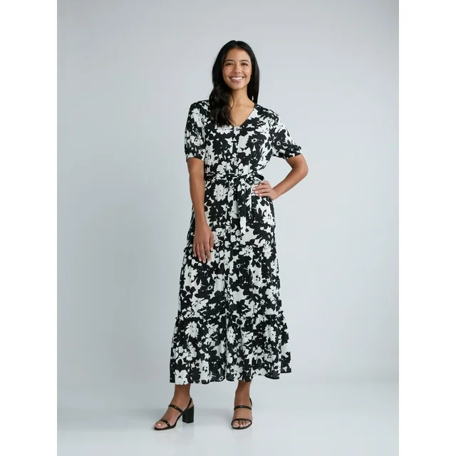 Time and Tru Women's Crinkle Maxi Dress with Short Sleeves, Sizes XS-XXXL | Walmart (US)