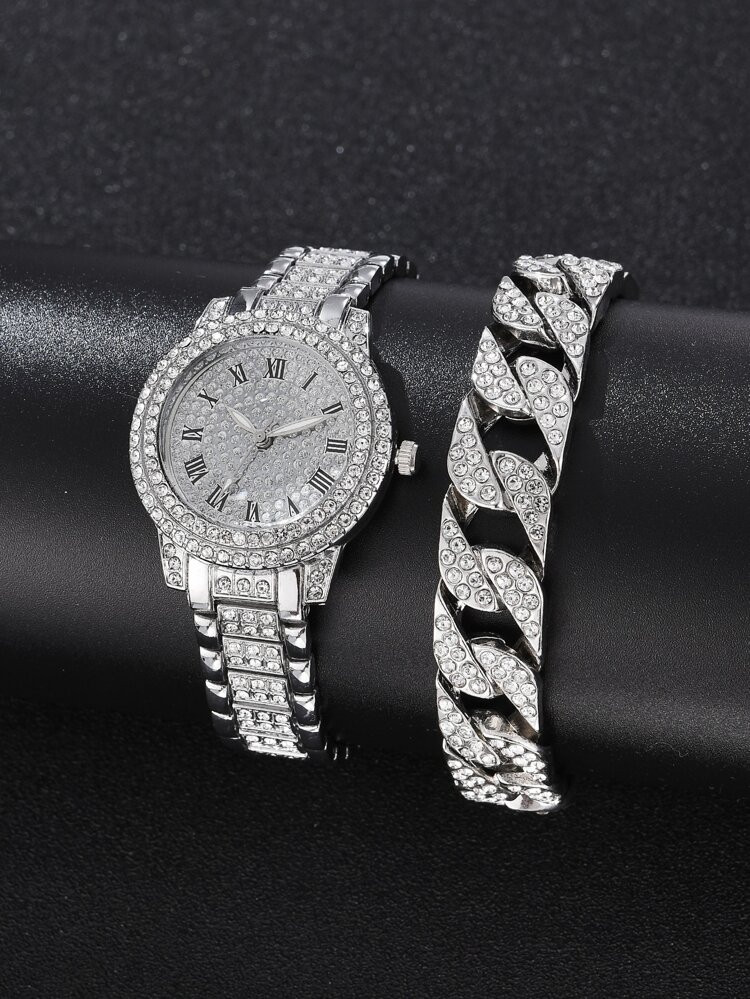 1pc Rhinestone Decor Round Pointer Quartz Watch & 1pc Bracelet | SHEIN