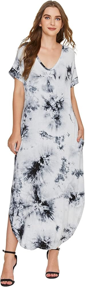 MakeMeChic Women's Boho Maxi Short Sleeve Split Pockets Tie Dye Long Dress | Amazon (US)