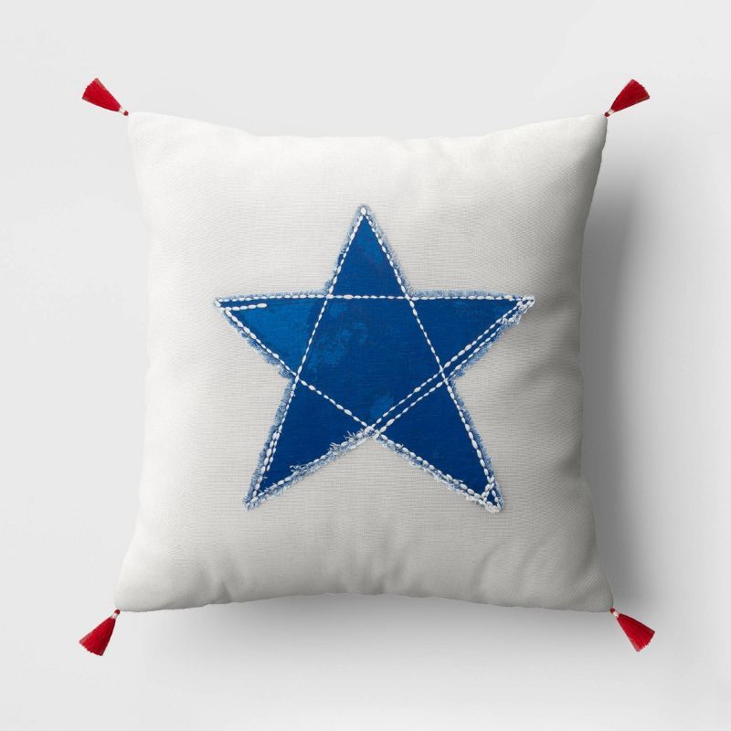 Applique Star with Corner Tassels Square Throw Pillow Ivory/Blue - Threshold™ | Target