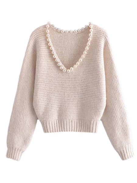 'Gwen' Pearl Trim V-Neck Cropped Sweater | Goodnight Macaroon