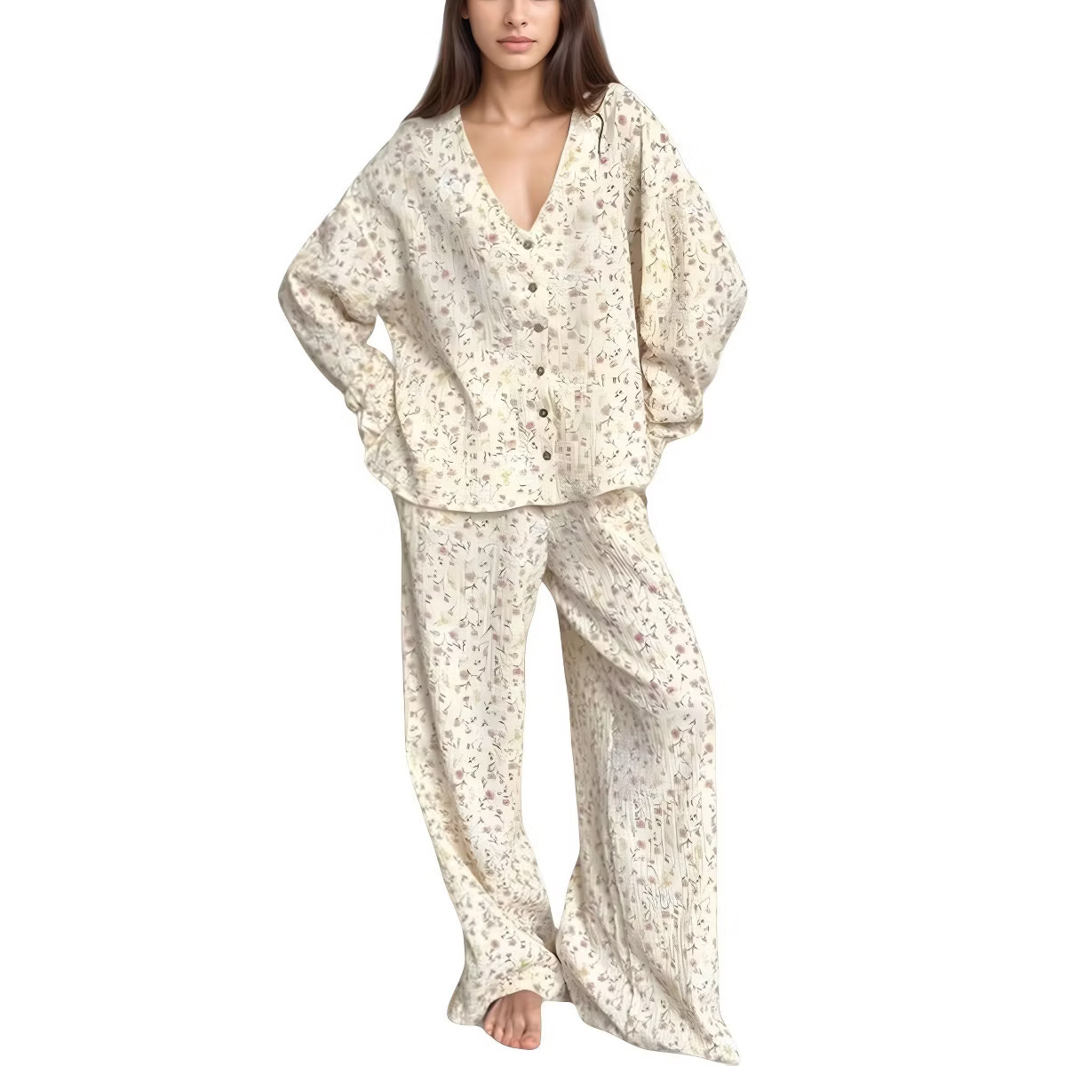 Anna-Kaci Lounge Women's Floral Print Woven Pajama Set with V-Neck Button Down Top and Wide Leg E... | Target