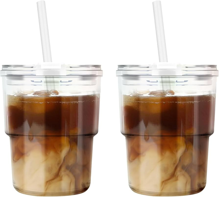 13oz Tumbler Water Glass with Straw and Lid, 2 Pack Glass Coffee Cups gifts, Sealed Carry-On Glas... | Amazon (US)