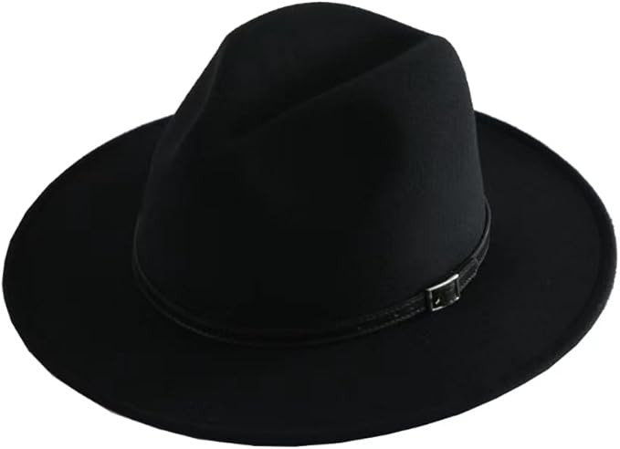 Women's Fashion Flat Wide Brim Hat Classic Wool Felt Panama Hat with Belt Buckle | Amazon (US)