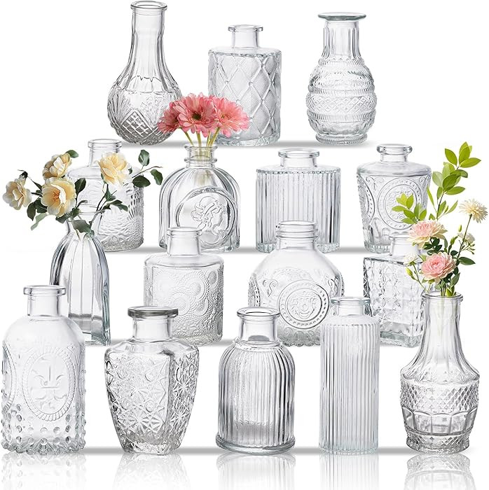 Glass Bud Vase Set of 16, Small Flower Vases, Glass Vases for Centerpieces, Vintage Home Table De... | Amazon (US)