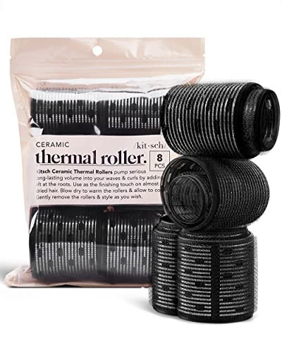 Kitsch Ceramic Thermal Hair Rollers for Women - Self Grip Rollers for Blowout Look Long Hair, Curlers for Medium & Short Hair, Large Roller for Volume Curls, Ceramic Coated, Easy to Use - 8pcs, Black | Amazon (US)