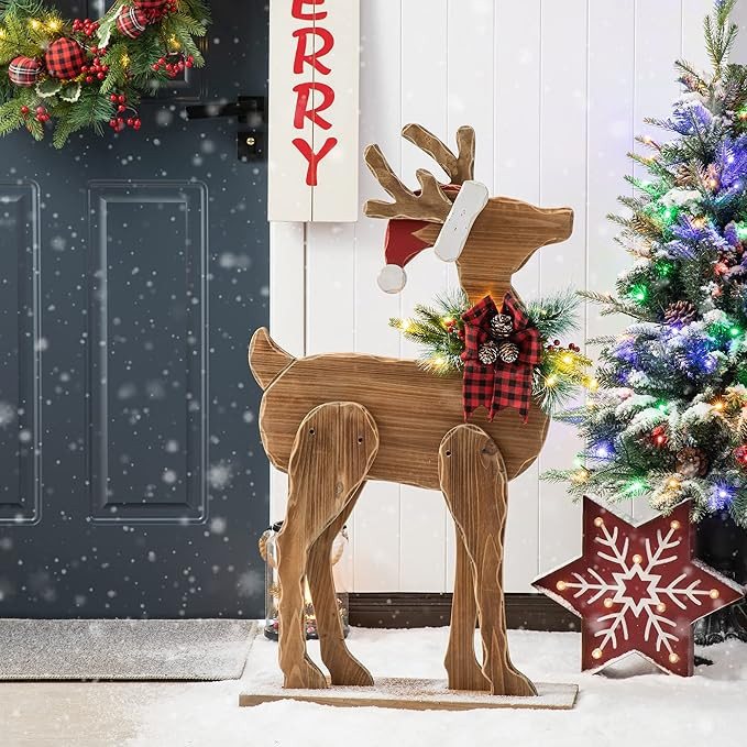 Glitzhome 36" H Lighted Wooden Christmas Chunky Reindeer Porch Sign Standing Deer Porch Decor Rus... | Amazon (US)