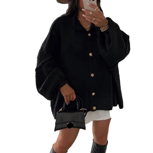 Women Chunky Cardigan Sweaters Winter Button Down Lantern Sleeve Sweater Jackets Y2K Wool Knit Coats Trendy Outerwear, Black, Large | Amazon (US)