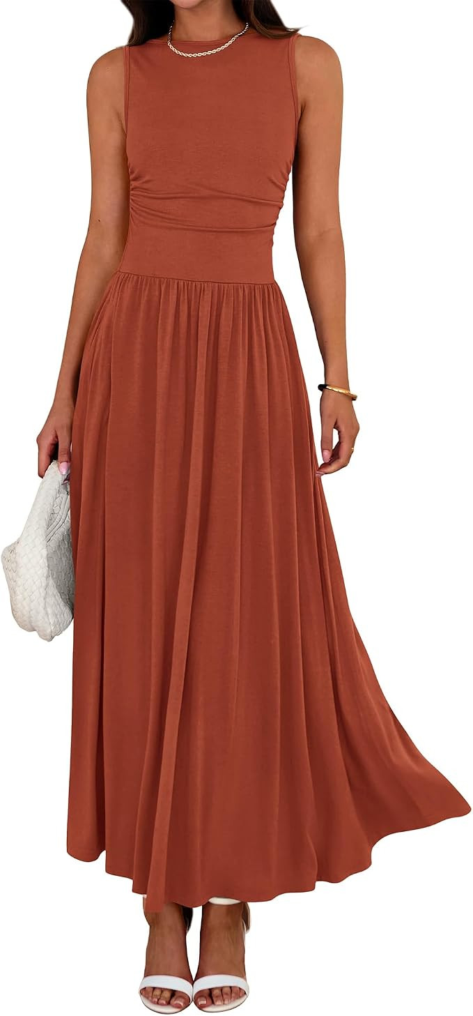 BTFBM Summer Maxi Dresses for Women Sleeveless Casual Dress | Crewneck High Waisted Ruched Tank A... | Amazon (US)