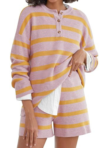 NORACORA Matching Lounge Sets for Women Sweater Sets Woman 2 Piece Clothing Set Cute Striped Pjs Oversized Light Purple | Amazon (US)