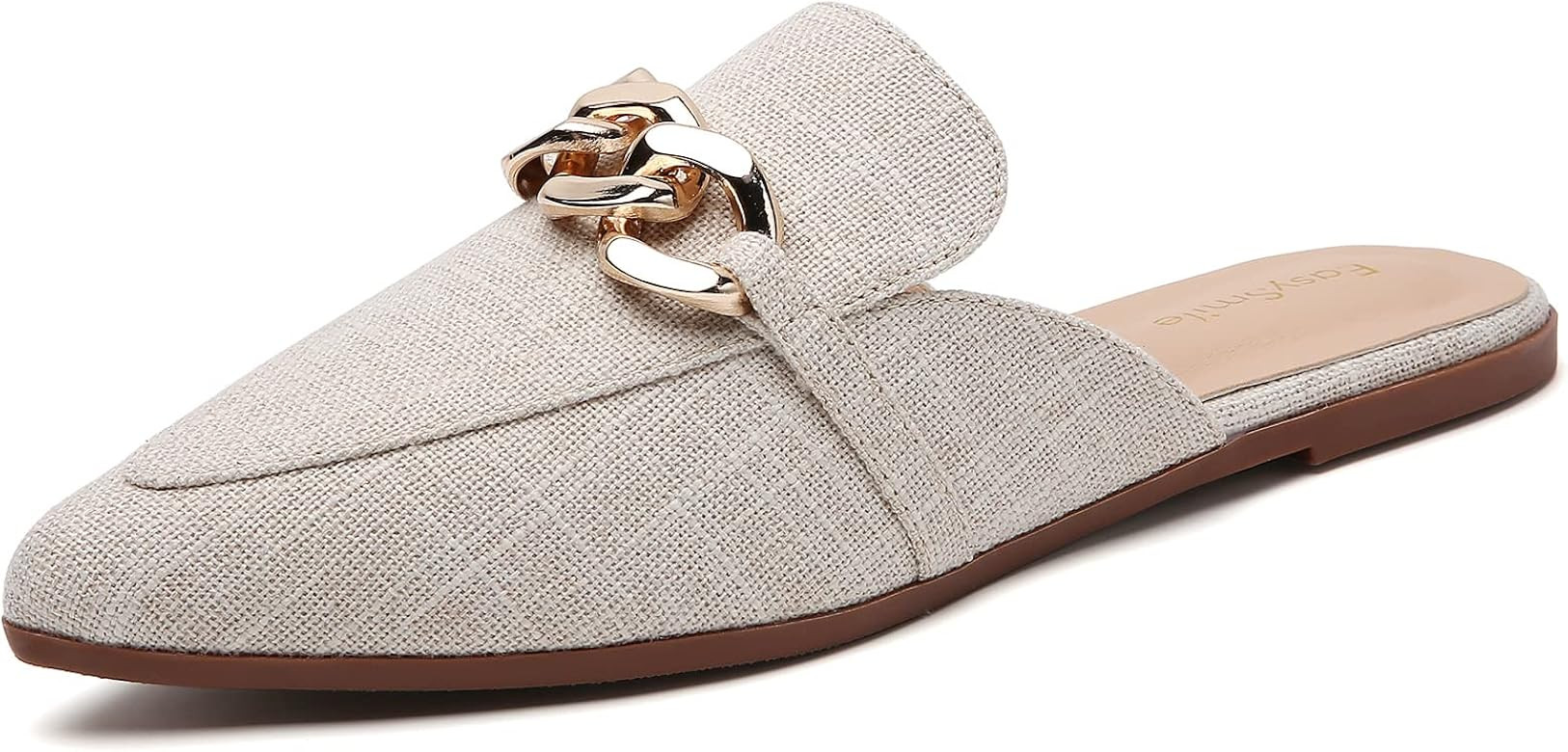 Amazon.com | EasySmile Metal Chain Decor Flat Mules for Women Closed Pointed Toe Slip on Loafers ... | Amazon (US)