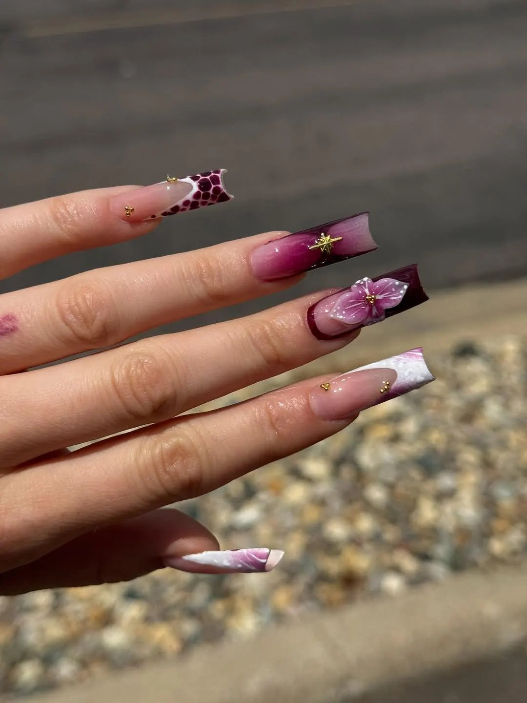Burgundy Floral Press on Nails | 3D Orchid Flower Art | Long Square Pink & Maroon Marble Tips | L... | Etsy (US)