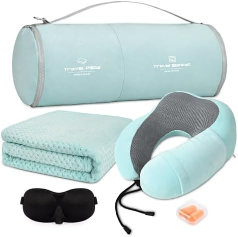 Travel Pillow and Blanket Set Neck Pillows Soft Blankets with Sleep Mask Travel Essentials for Ai... | Amazon (US)