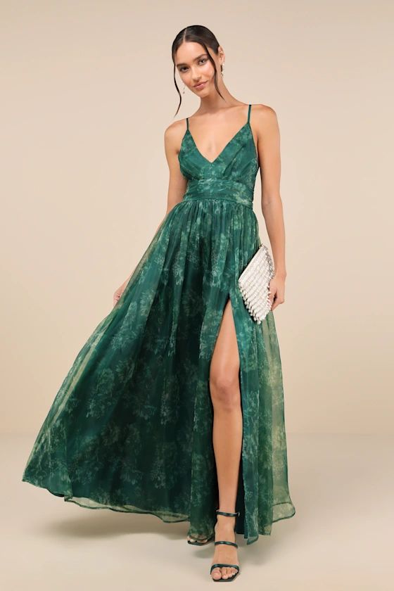 Green Floral Print Organza Maxi Dress | Green Wedding Guest Dress Fall | Lulus