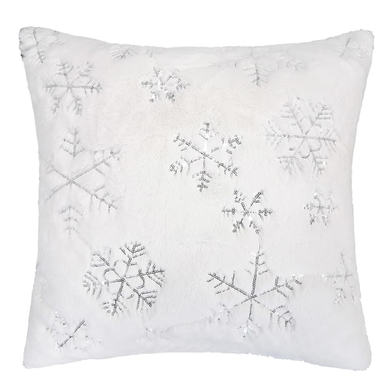 White Plush with Silver Sequin Snowflakes Throw Pillow, 18" | At Home