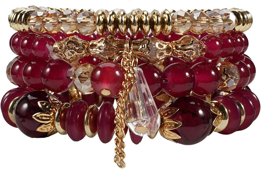 Bohemian Bracelet Sets for Women - 4-Pack Stackable Stretch Bead Bracelets with Black＆White Cry... | Amazon (US)