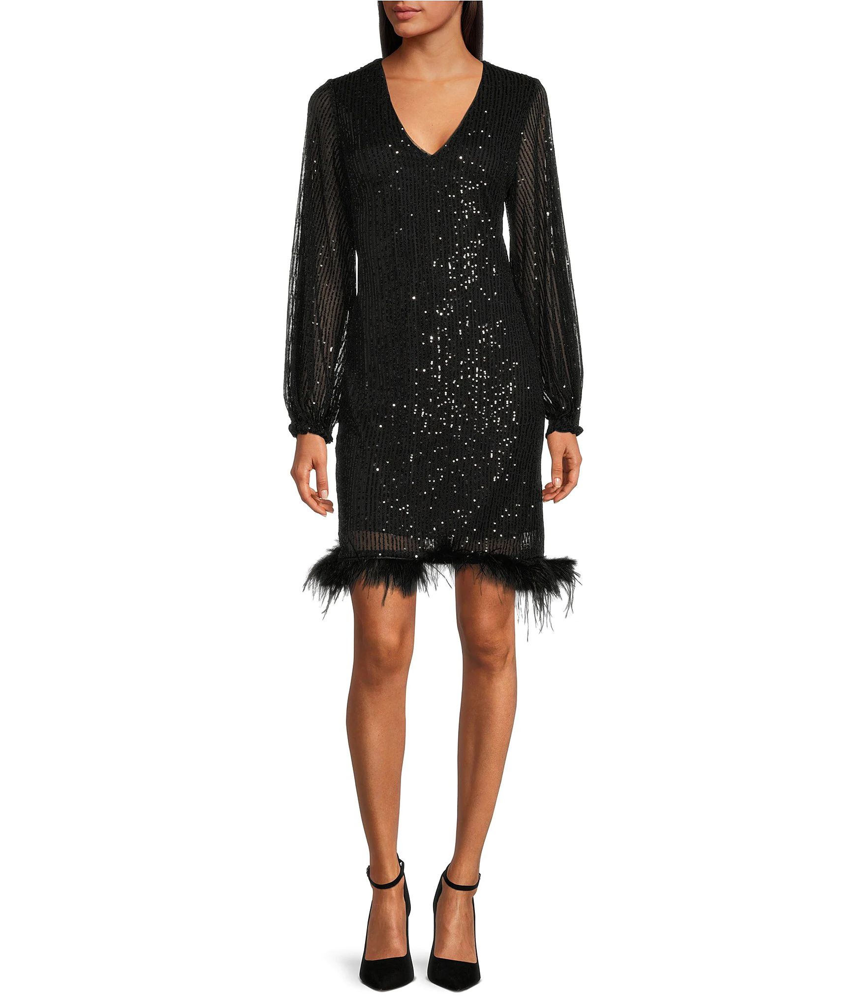 Kyla Novelty Feather Trim V-Neck Long Sleeve Sequin Sheath Dress | Dillard's