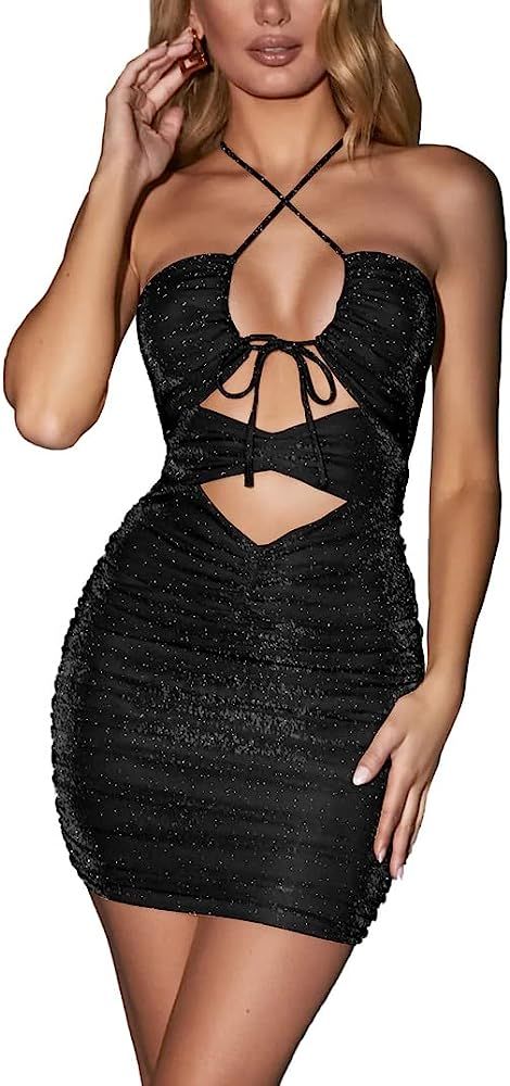 NauLon Women’s Sexy Halter Lace up Bodycon Cut Out Shiny Glittering Ruched Backless Party Club Mini  | Amazon (US)