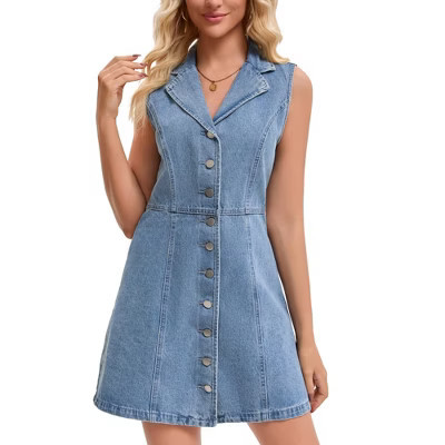 INSPIRE CHIC Women's Denim Sleeveless Button Down Notched Collar A-Line Mini Jean Dresses Large Light Blue | Target