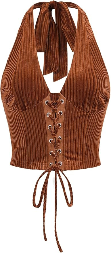Verdusa Women's Sleeveless Halter Neck Lace Up Front Tie Back Crop Top | Amazon (US)