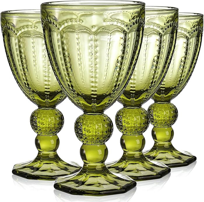 Elsjoy Juego de 4 copas de vino verde vintage, copa de vidrio en relieve de 8.5 onzas de color co... | Amazon (US)