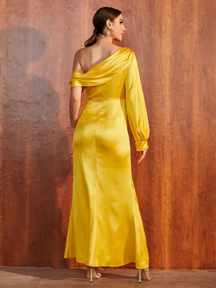 SHEIN Asymmetrical Neck Lantern Sleeve Wrap Prom Dress | SHEIN