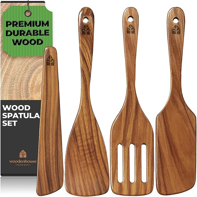 Wooden Spatula for Cooking, Teak Spatulas for Kitchen Use - Wooden Cooking Utensils Set of 4 incl... | Amazon (US)