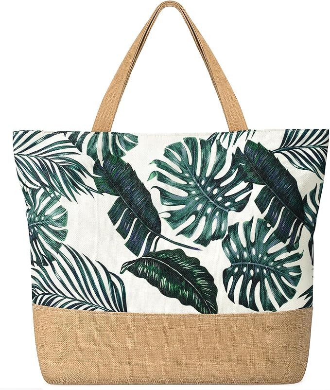 Beach Bag for Women, Large Beach Tote Bags with Zipper, Woven Straw Tote Waterproof, Swim Gym Sho... | Amazon (US)